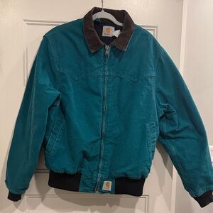 VINTAGE Carhartt Teal Canvas Jacket with Brown Corduroy Collar